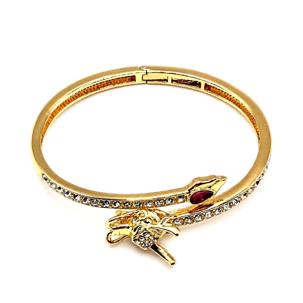 Gold Dragon Hinged Bangle Bracelet Red Crystal Rhinestone Statement NEW - Picture 7 of 14